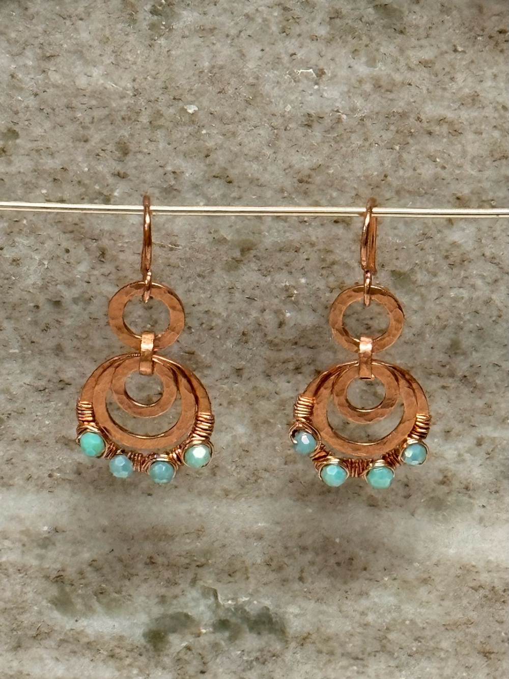 Rustic Three-Tier Nested Circular Hoops Earrings with Aqua Crystals Accent